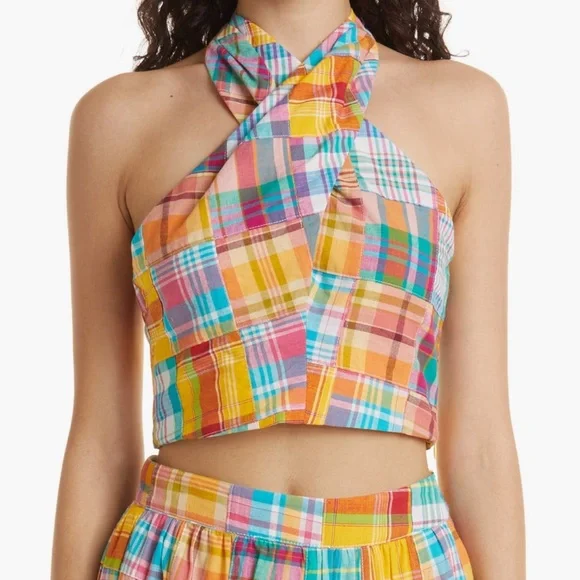 NWT STAUD X BIRKENSTOCK KAI PATCHWORK PLAID COTTON HALTER TOP- SIZE 00